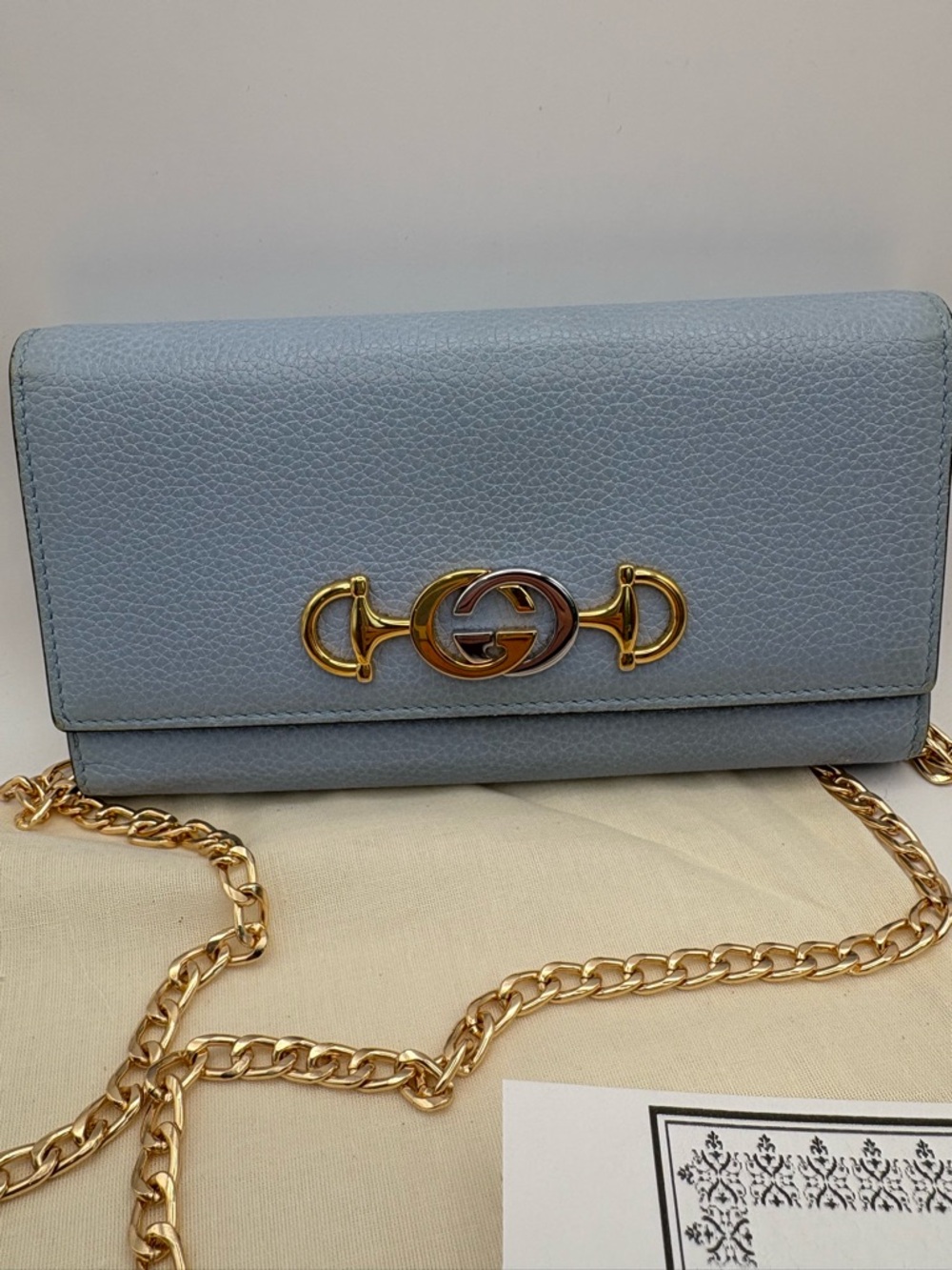 Gucci Powder Blue Pebbled Leather Wallet with Gold/silver  Hardware